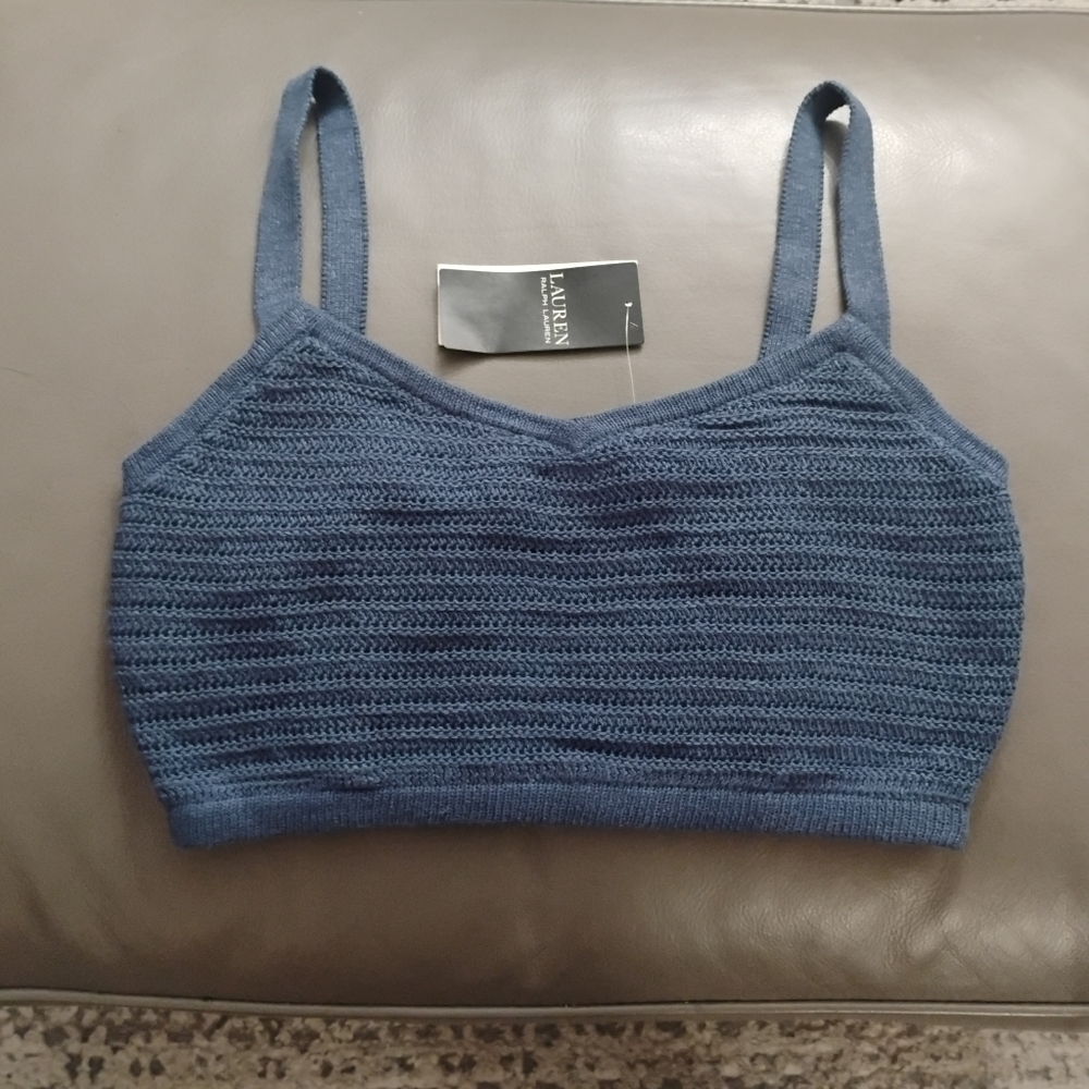 Lauren Ralph Lauren Linen-Cotton Cropped Indigo Blue Sweater Tank Top Sz S NWT - Picture 7 of 8